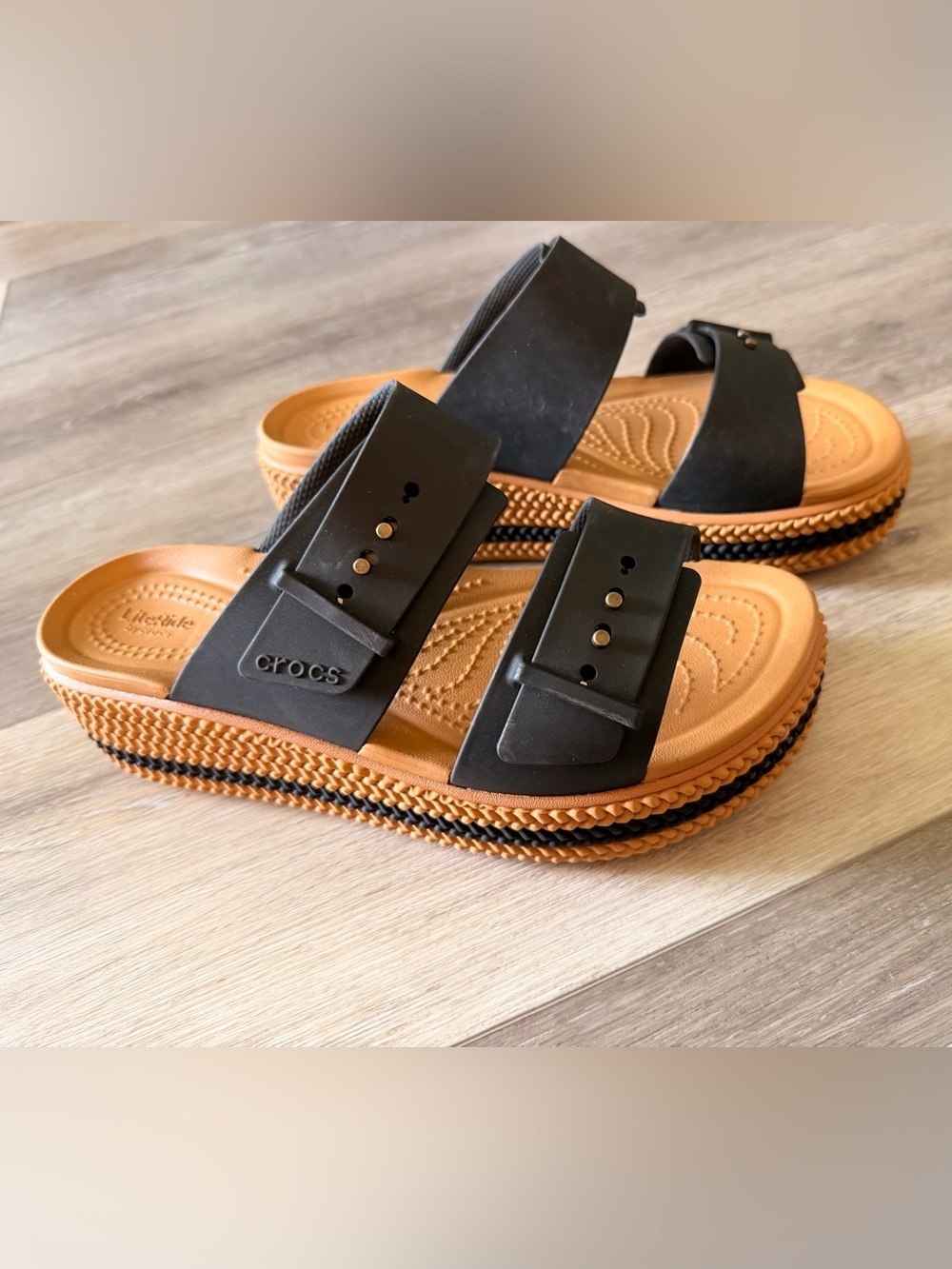 Crocs Brooklyn Woven Buckle Low Wedges in Black - Size 7